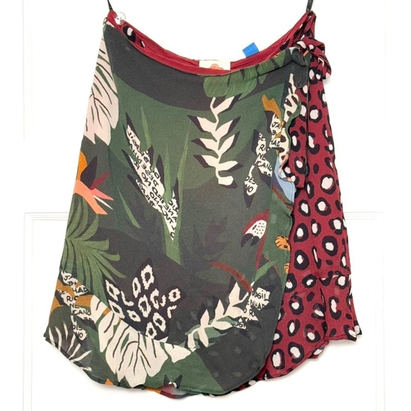 FARM RIO Tropical Jungle Print Colorblock Ruffle Hem Side Tie Wrap Skirt XS - Picture 6 of 11